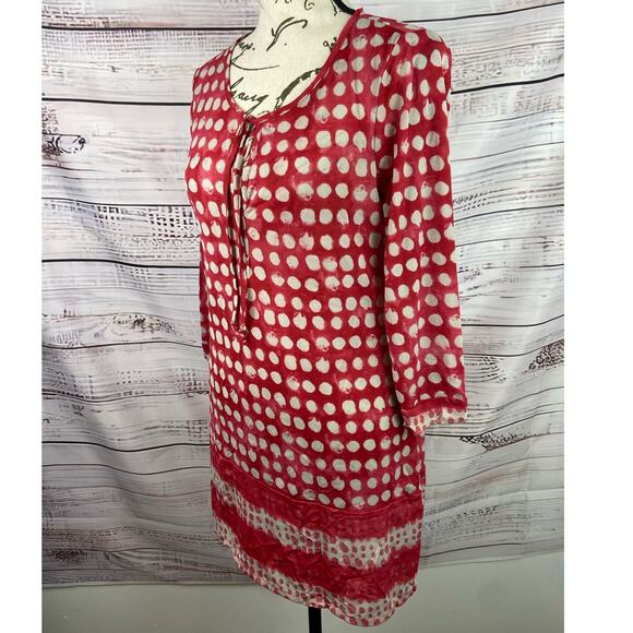 Chicos 0 Polka Dot Semi Sheer Tunic Top Womens S 4 Split Hem Tie Neck 3/4 Sleeve - Picture 1 of 11